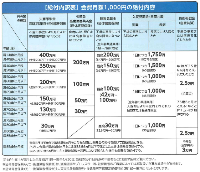 画像；給付内容一部抜粋。詳しくは事務局等で配布しているリーフレットをご覧ください。